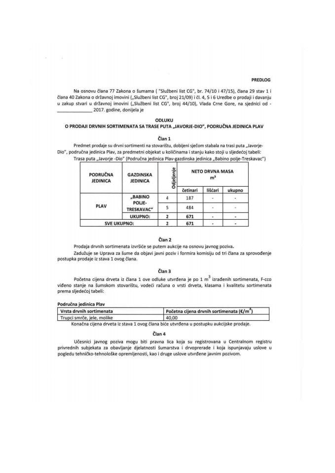 Предлог одлуке о продаји дрвних сортимената са трасе пута "Јаворје - дио", подручна јединица Плав (без расправе)