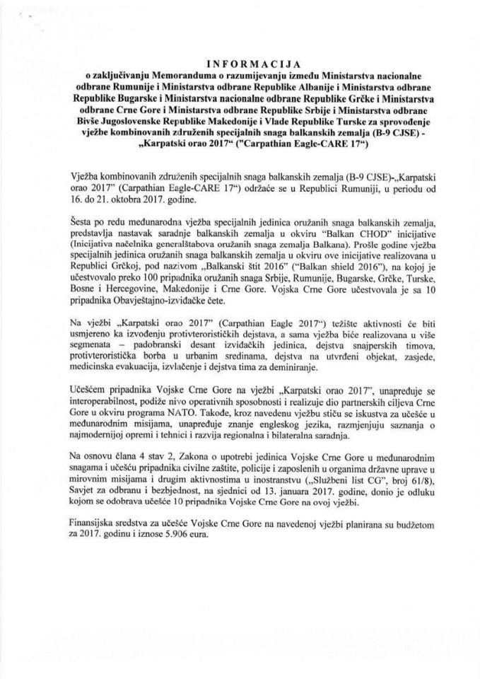 Predlog memoranduma o razumijevanju za sprovođenje vježbe kombinovanih združenih specijalnih snaga balkanskih zemalja (B-9 CJSE) - "Karpatski orao 2017" (Carpathian Eagle-CARE 17) (bez rasprave)