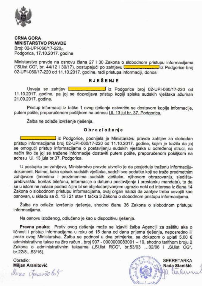 Slobodan pristup informacijama - Rješenje br. 02-UPI-060/17-220