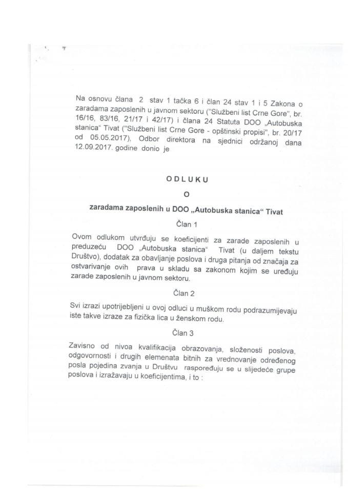 Odluka o zaradama zaposlenih u DOO "Autobuska stanica" Tivat (bez rasprave)