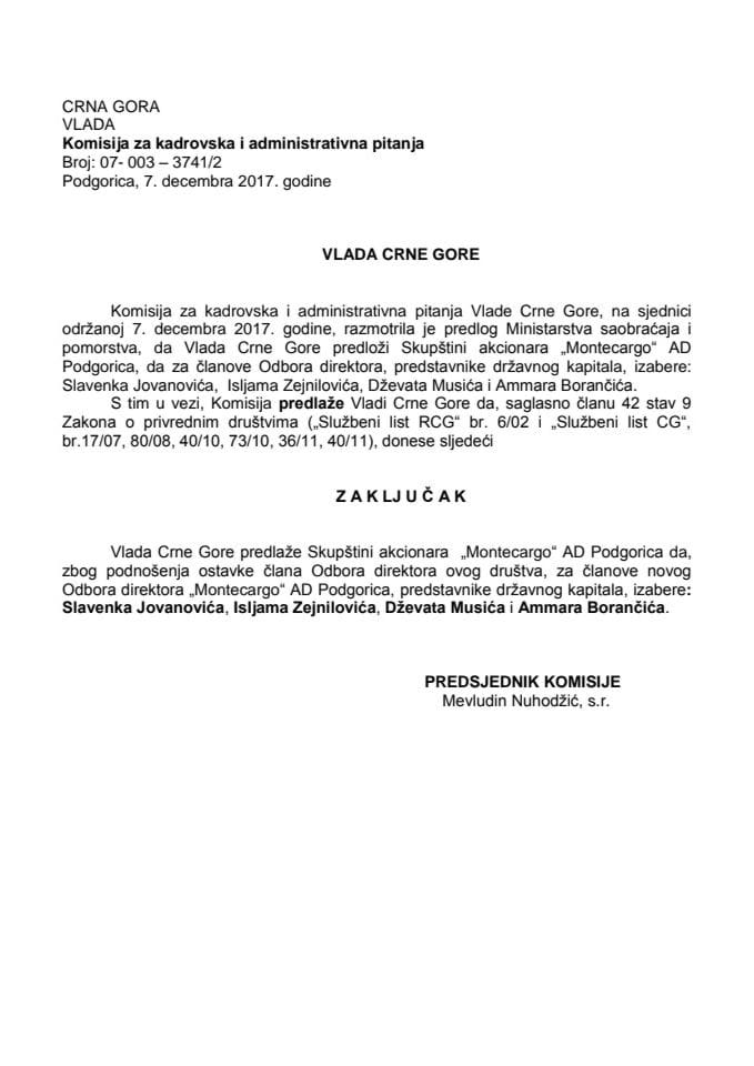 Предлог закључка о избору чланова Одбора директора "Монтецарго" АД Подгорица