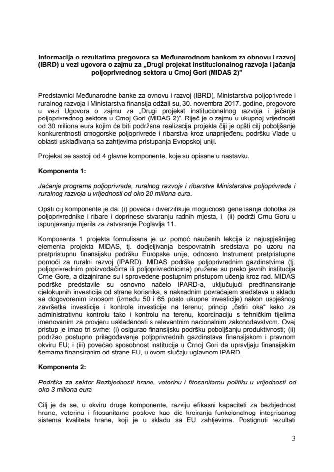 Информација о резултатима преговора са Међународном банком за обнову и развој (ИБРД) у вези уговора о зајму за "Други пројекат институционалног развоја и јачања пољопривредног сектора у Црној Гори (