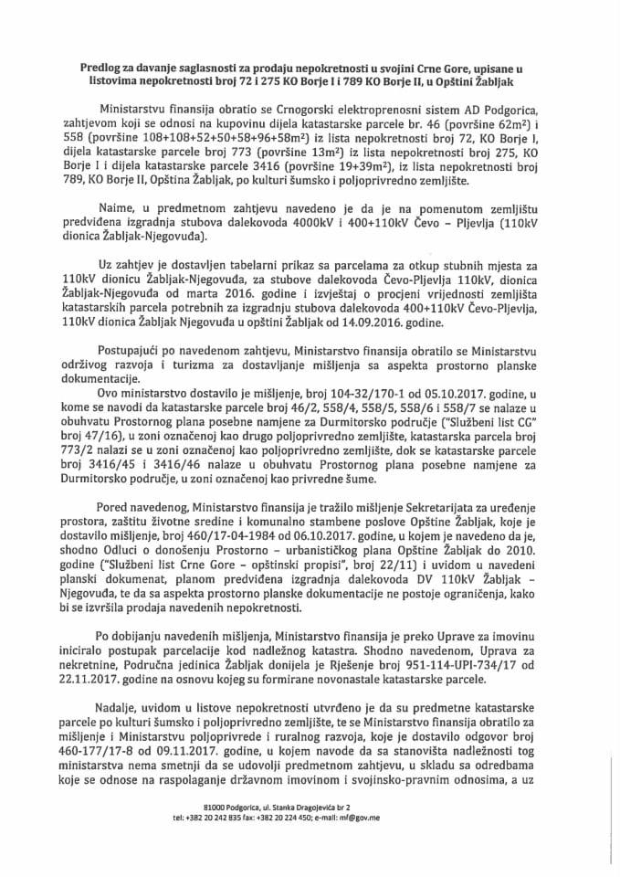 Предлог за давање сагласности за продају непокретности у својини Црне Горе, уписане у листовима непокретности бр. 72 и 275 КО Борје и 789 КО Борје ИИ, у Општини Жабљак с Предлогом уговора о купопрод