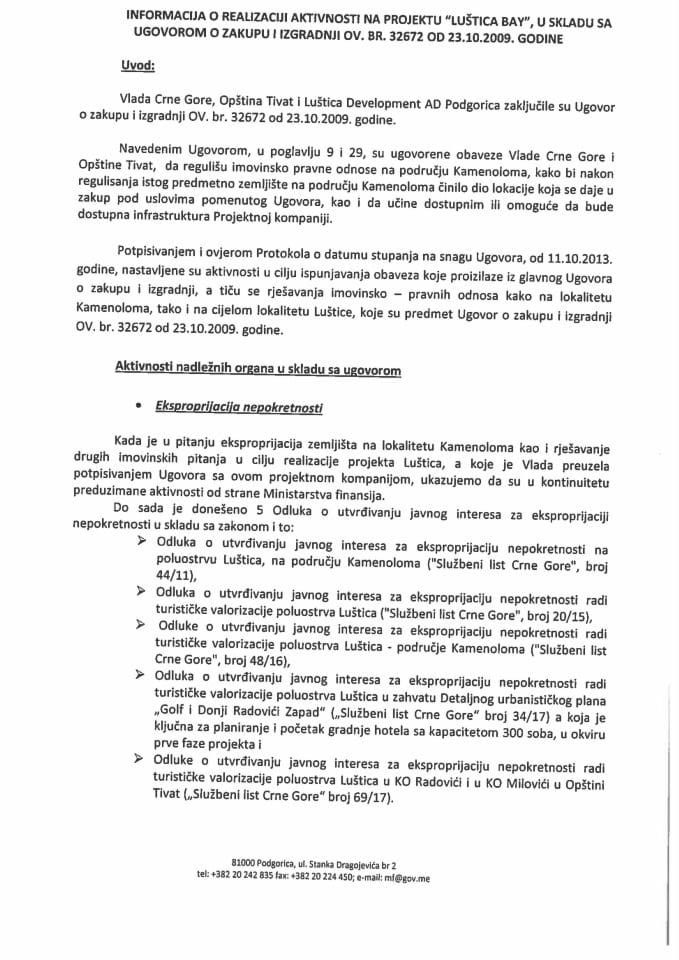 Информација о реализацији активности на пројекту Луштица Баy у складу са уговором о закупу и изградњи ов. бр. 32672 од 23.10.2009. године