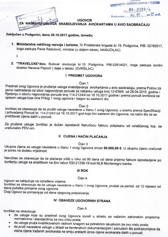 30.11.2017. Ugovor za nabavku usluga snabdijevanja aviokartama u avio saobraćaju