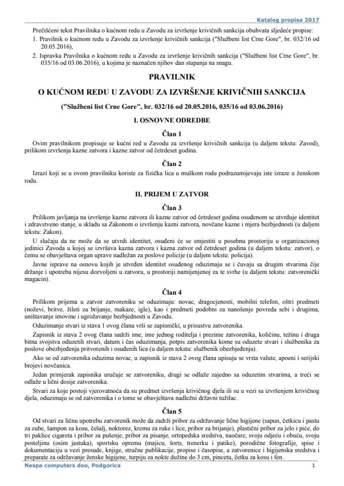 Pravilnik o kucnom redu u Zavodu za izvrsenje krivicnih sankcija