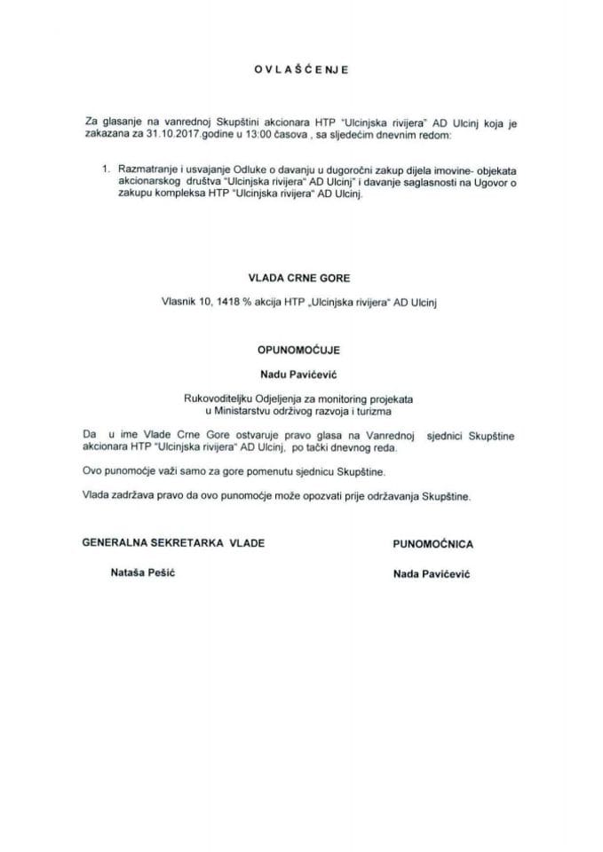 Predlog zaključka o određivanju punomoćnika – predstavnika državnog kapitala na vanrednoj Skupštini akcionara HTP "Ulcinjska rivijera" AD Ulcinj