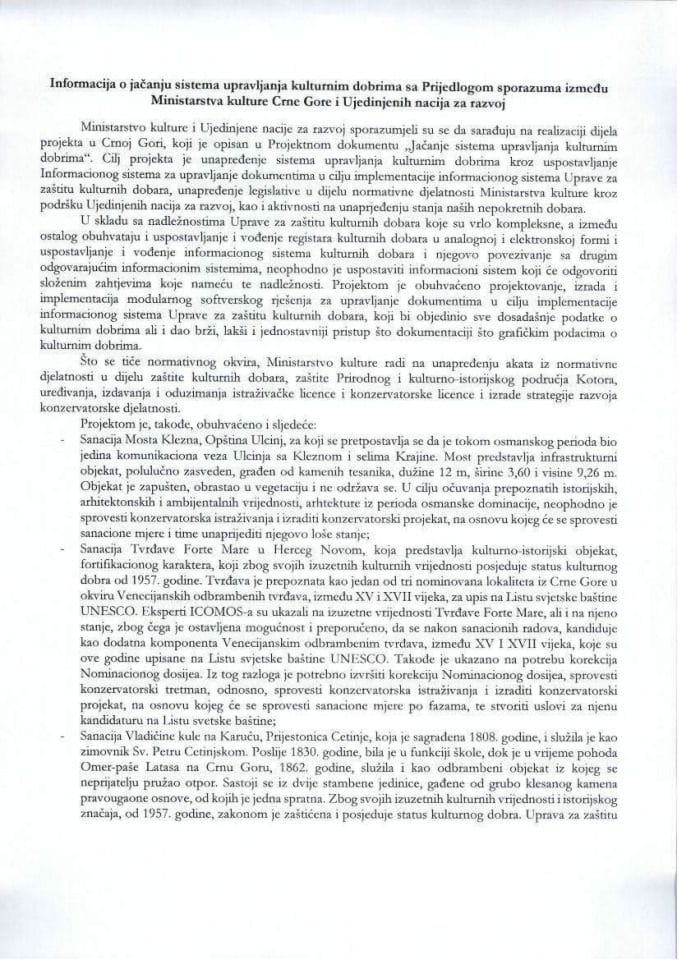 Информација о јачању система управљања културним добрима с Предлогом споразума између Министарства културе Црне Горе и Уједињених нација за развој