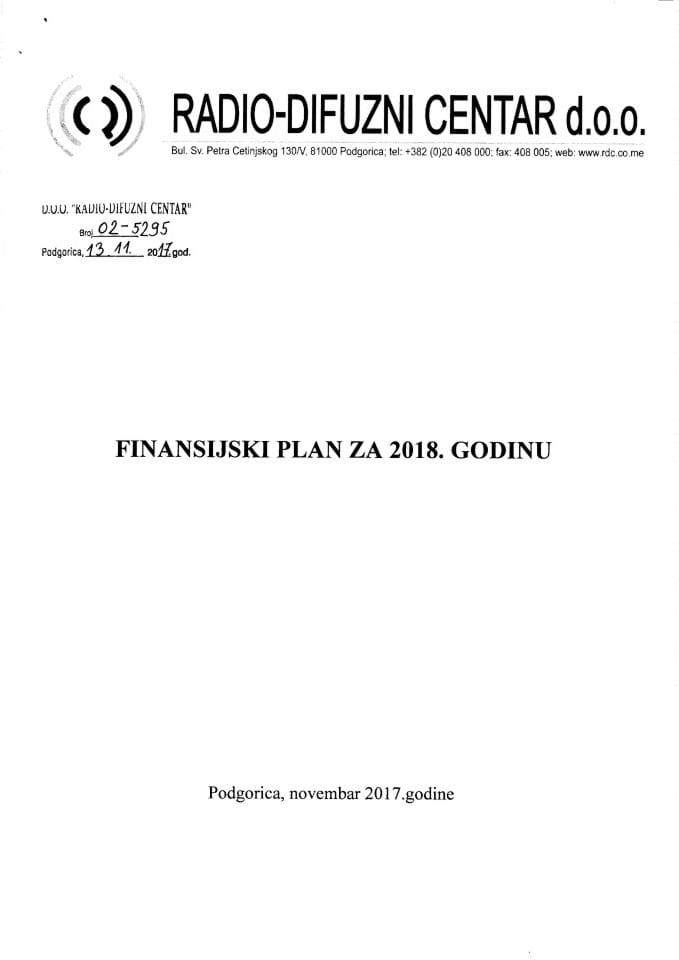 Finansijski plan Radio-difuznog centra d.o.o. za 2018. godinu (bez rasprave)
