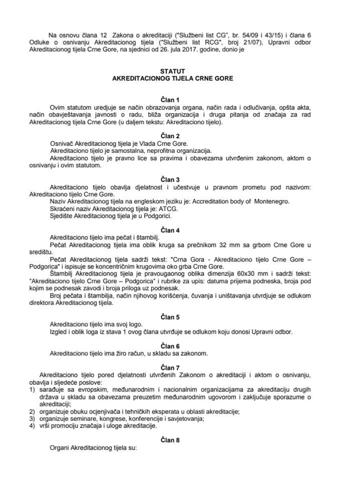 Предлог статута Акредитационог тијела Црне Горе (без расправе)