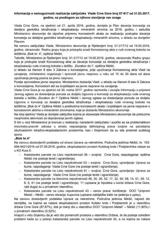 Informacija o nemogućnosti realizacije zaključaka Vlade Crne Gore, broj: 07-817, od 31. 3. 2017. godine, sa predlogom za njihovo stavljanje van snage
