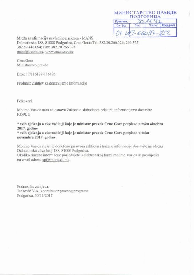 Slobodan pristup informacijama - Rješenje br. 02-UPI-060/17-232