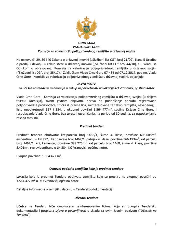 Javni poziv KO Vranovići, KO 18 12 2017