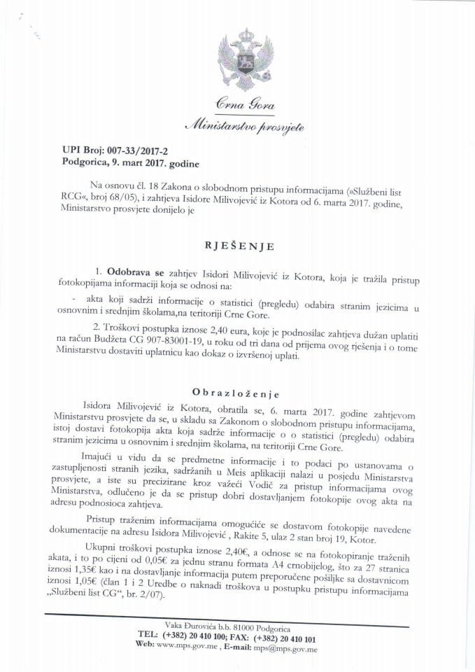 Zahtjev Isidora Milivojević 06.03.2017.