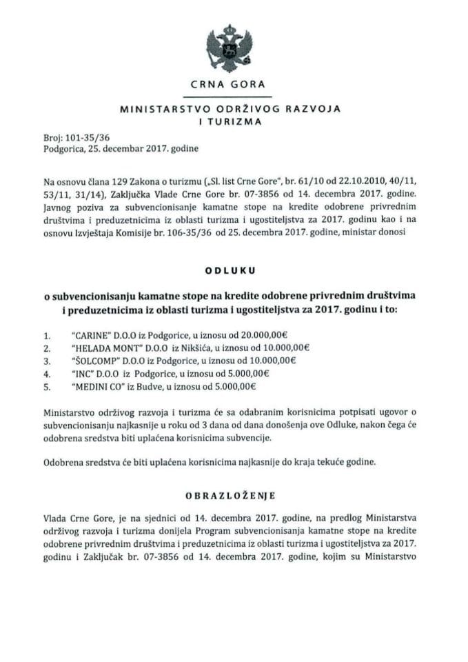 Odluka o subvencionisanju kamatne stope na kredite odobrene privrednim društvima i preduzetnicima iz oblasti turizma i ugostiteljstva za 2017. godinu