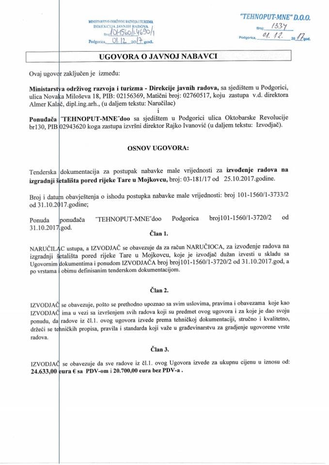 01.12.2017. Ugovor za izvođenje radova na izgradnji šetališta pored rijeke Tare u Mojkovcu