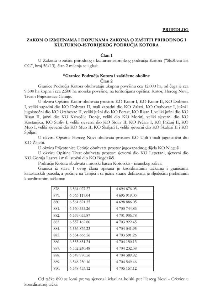 Предлог закона о измјенама и допунама Закона о заштити природног и културно-историјског подручја Котора