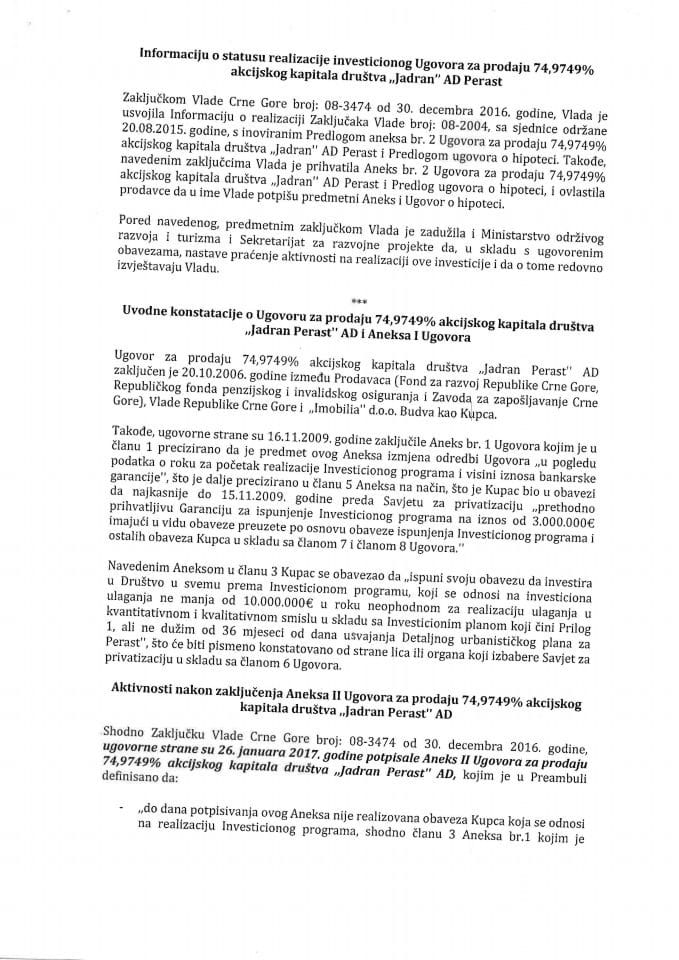 Информација о статусу реализације инвестиционог Уговора за продају 74,9749% акцијског капитала друштва "Јадран Пераст" АД