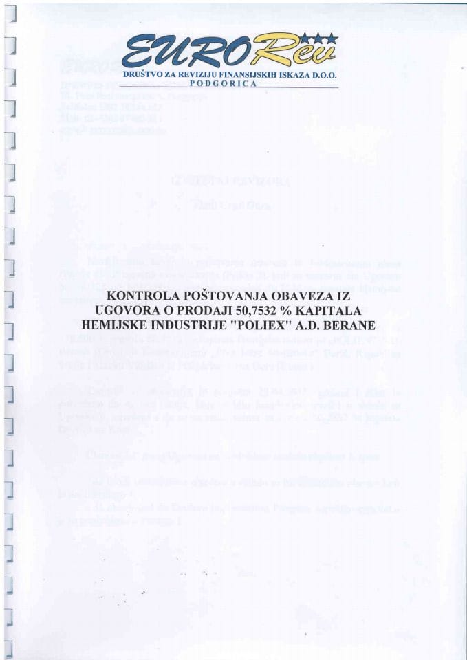 Izvještaj o kontroli poštovanja obaveza iz Ugovora o prodaji 50,7532% kapitala Hemijske industrije "Poliex" AD - Berane