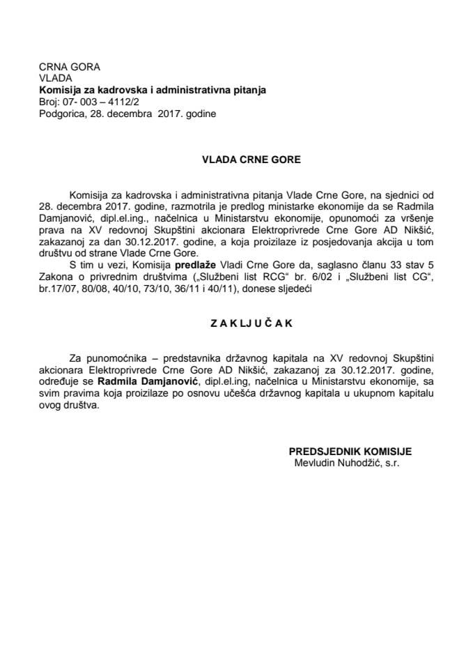 Predlog zaključka o određivanju punomoćnika - predstavnika državnog kapitala na XV redovnoj Skupštini akcionara Elektroprivrede Crne Gore AD Nikšić