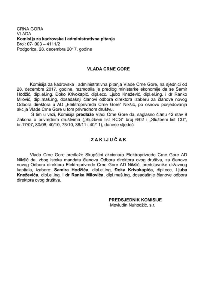Predlog zaključka o izboru članova Odbora direktora Elektroprivrede Crne Gore AD Nikšić
