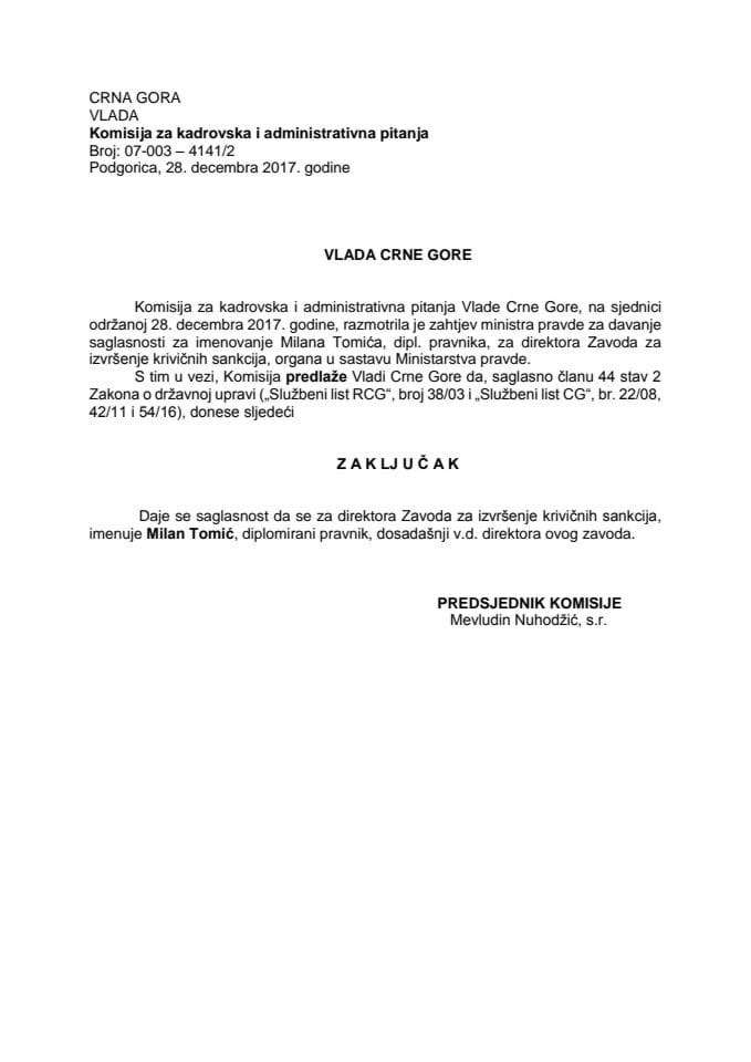 Predlog zaključka o davanju saglasnosti za imenovanje direktora Zavoda za izvršenje krivičnih sankcija