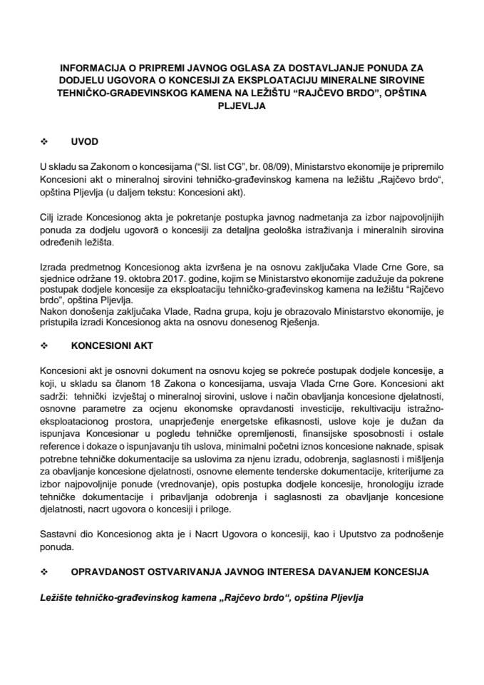 Informacija o pripremi Javnog oglasa za dostavljanje ponuda za dodjelu Ugovora o koncesiji za eksploataciju mineralne sirovine tehničko-građevinskog kamena na ležištu "Rajčevo brdo", opština Pljevlja 