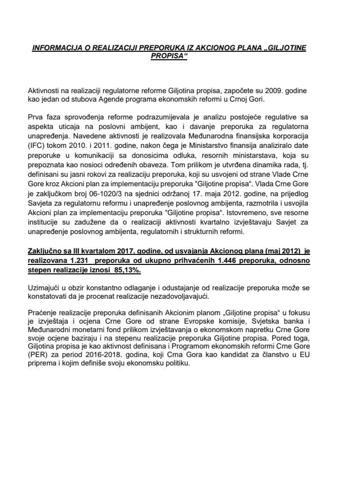 Informacija o realizaciji preporuka iz Akcionog plana "Giljotine propisa" (bez rasprave)