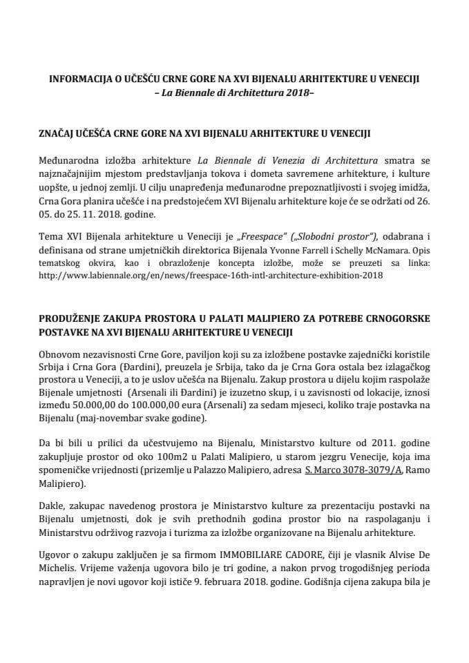 Informacija o učešću Crne Gore na XVI Bijenalu arhitekture u Veneciji s Predlogom ugovora