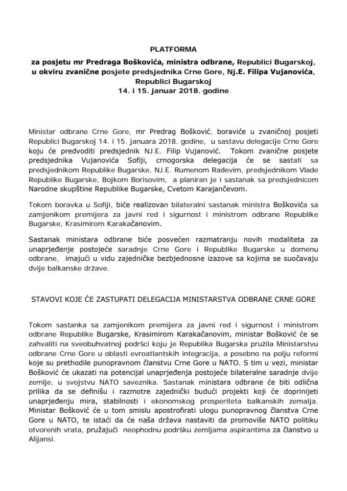 Предлог платформе за посјету мр Предрага Бошковића, министра одбране, Републици Бугарској