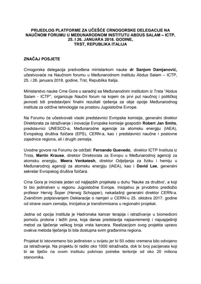 Predlog platforme za učešće crnogorske delegacije, koju će predvoditi dr Sanja Damjanović, ministarka nauke, na Naučnom forumu u Međunarodnom institutu Abdus Salam – ICTP, 25. i 26. januara 2018. godi