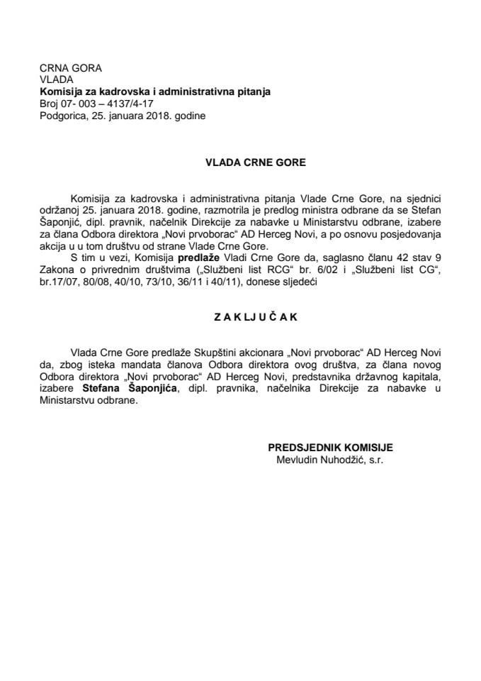 Predlog zaključka o izboru člana Odbora direktora "Novi prvoborac" AD Herceg Novi