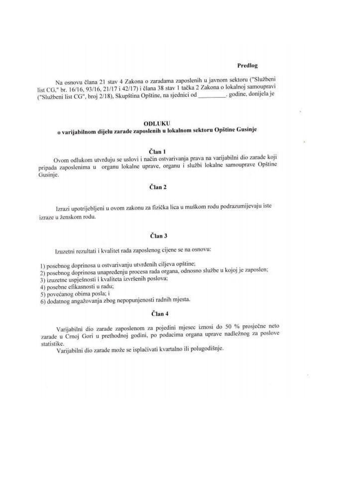 Предлог одлуке о варијабилном дијелу зараде запослених у локалном сектору Општине Гусиње (без расправе)