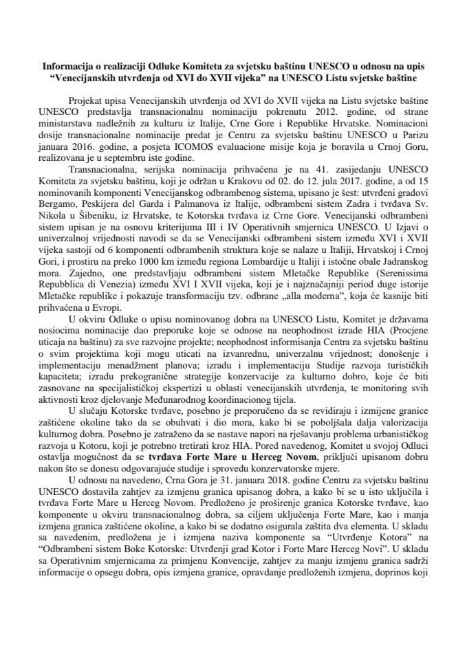 Informacija o realizaciji Odluke Komiteta za svjetsku baštinu UNESCO u odnosu na upis "Venecijanskih utvrđenja od XVI do XVII vijeka" na UNESCO Listu svjetske baštine