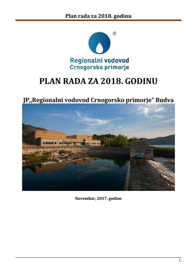 План рада ЈП "Регионални водовод Црногорско приморје" Будва за 2018. годину (без расправе)