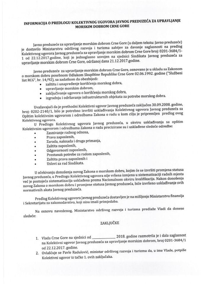 Predlog kolektivnog ugovora Javnog preduzeća za upravljanje morskim dobrom Crne Gore (bez rasprave)