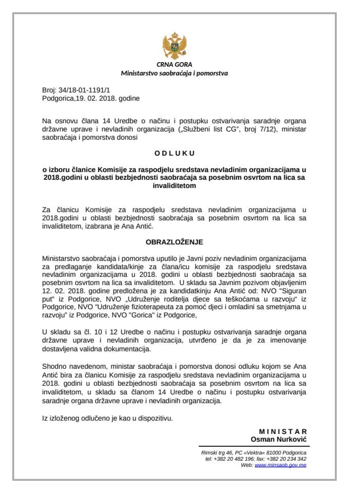 Odluka za člana komisije 19. 02. 2018. god.