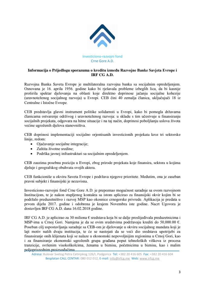 Информација о Предлогу споразума о кредиту између Развојне Банке Савјета Европе и Инвестиционо-развојног фонда Црне Горе А.Д. с Предлогом споразума о кредиту	