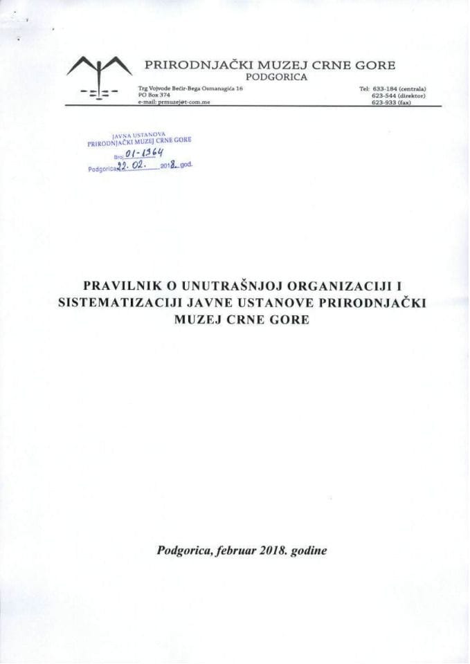 Pravilnik o unutrašnjoj organizaciji i sistematizaciji Javne ustanove Prirodnjački muzej Crne Gore (bez rasprave)