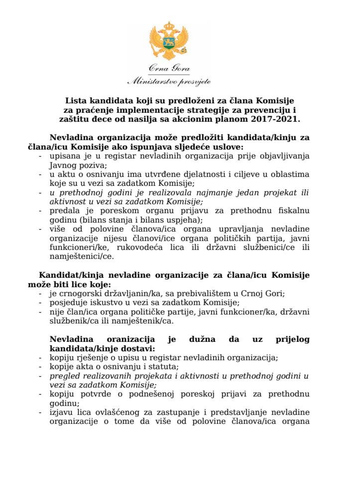 Листа кандидата НВО за Комисију насиље над дјецом