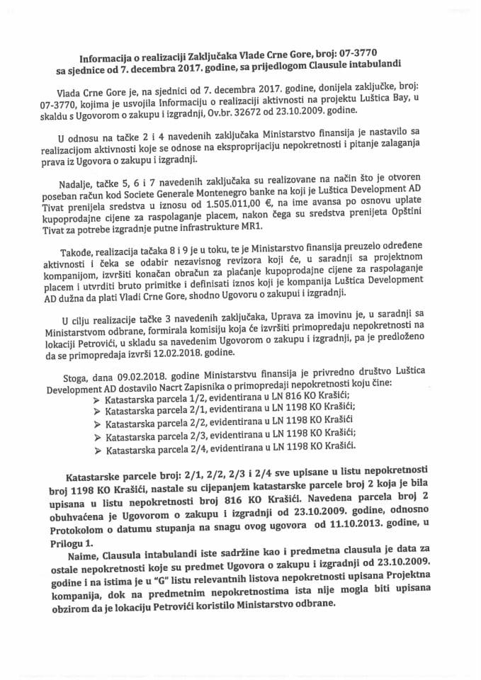 Informacija o realizaciji Zaključaka Vlade Crne Gore, broj: 07-3770, od 11. decembra 2017. godine, sa sjednice od 7. decembra 2017. godine s Predlogom Clausule intabulandi 