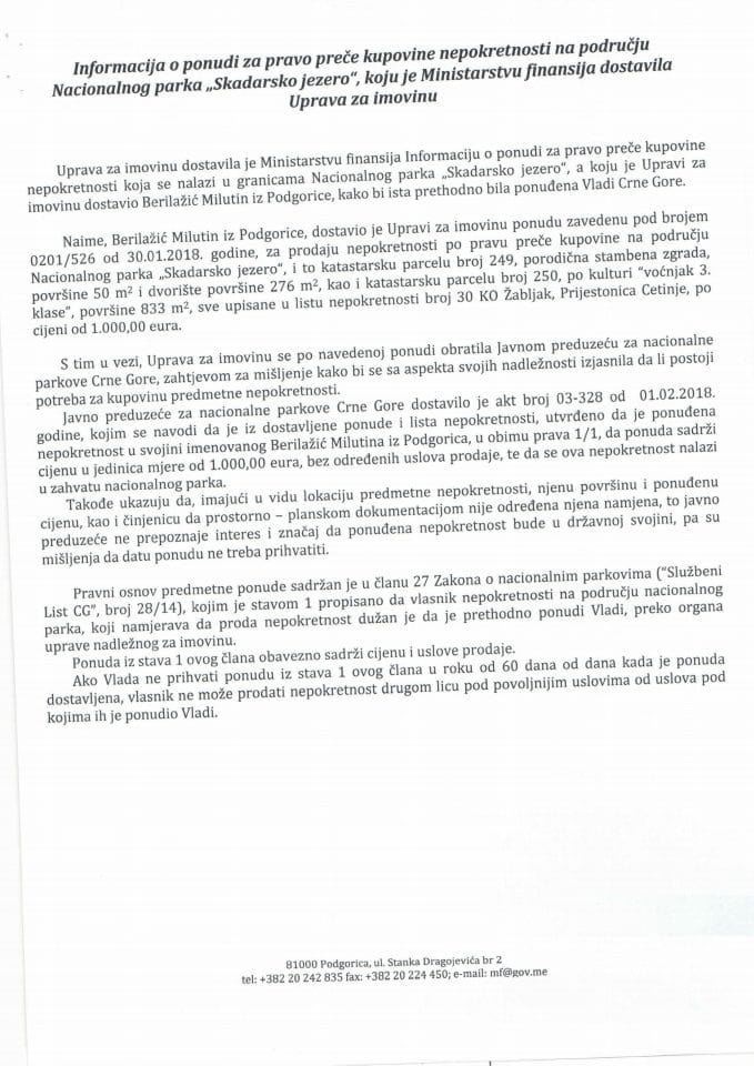 Информација о понуди за право прече куповине непокретности на подручју Националног парка "Скадарско језеро" (без расправе) 