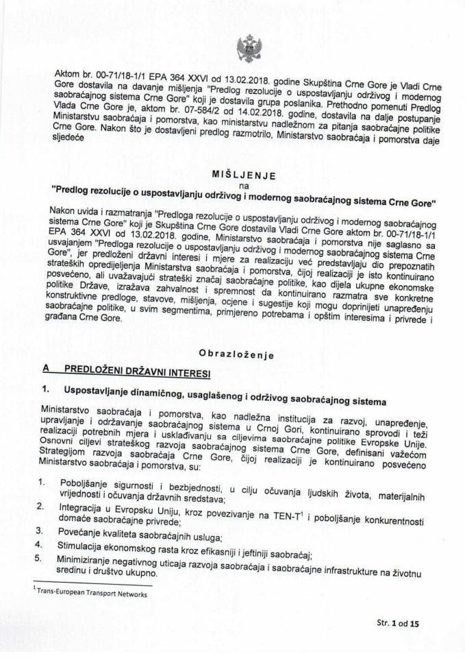 Predlog mišljenja na Predlog rezolucije o uspostavljanju održivog i modernog saobraćajnog sistema Crne Gore