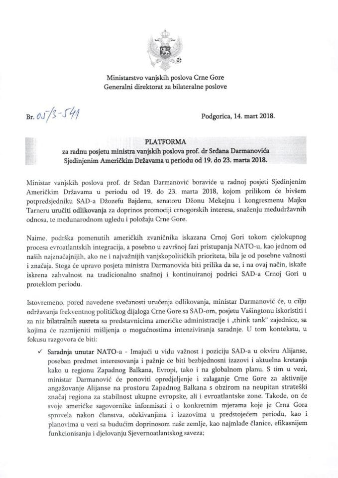 Predlog platforme za radnu posjetu prof. dr Srđana Darmanovića, ministra vanjskih poslova, Sjedinjenim Američkim Državama, od 19. do 23. marta 2018. godine