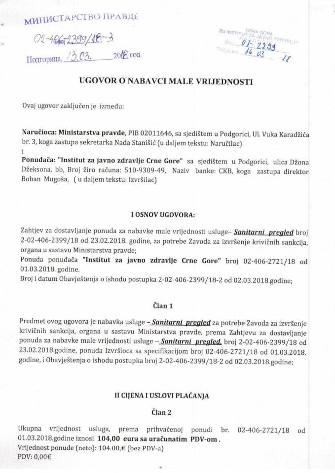 Sanitarni pregled -  ugovor