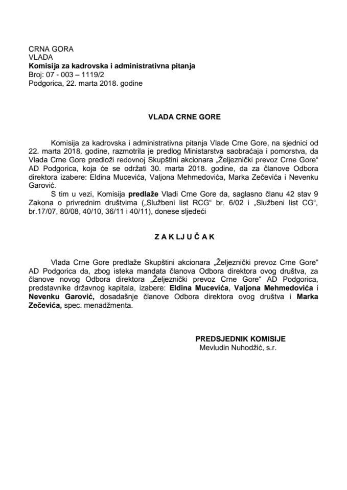 Предлог закључка о избору чланова Одбора директора "Жељезнички превоз Црне Горе" АД Подгорица