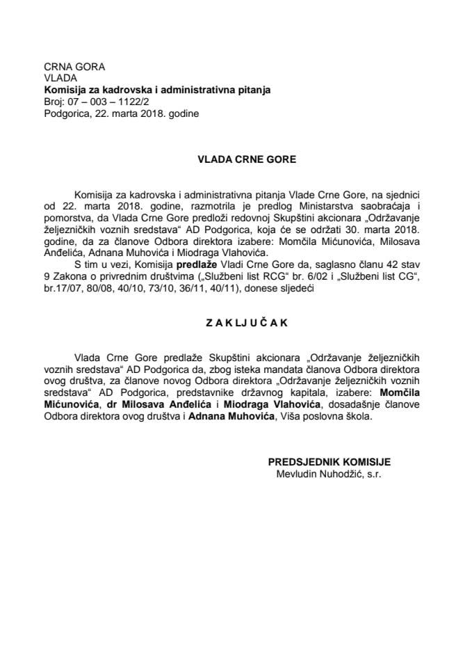 Предлог закључка о избору чланова Одбора директора „Одржавање жељезничких возних средстава“ АД Подгорица