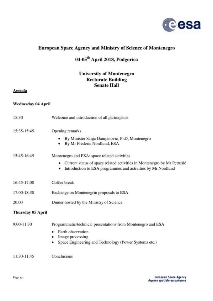 Agenda meetings ESA-Montenegro