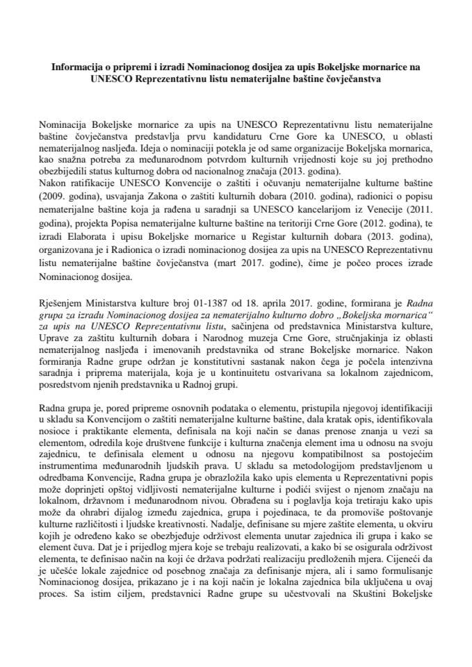 Информација о припреми и изради Номинационог досија за упис Бокељске морнарице на УНЕСЦО репрезентативну листу нематеријалне баштине човјечанства