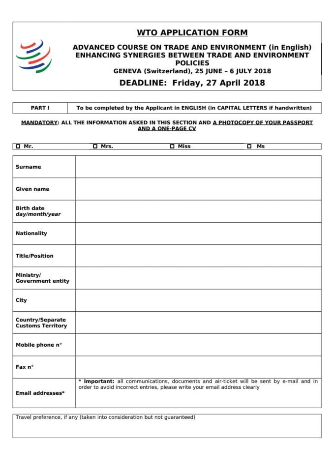 Application Form - Trade and Environment